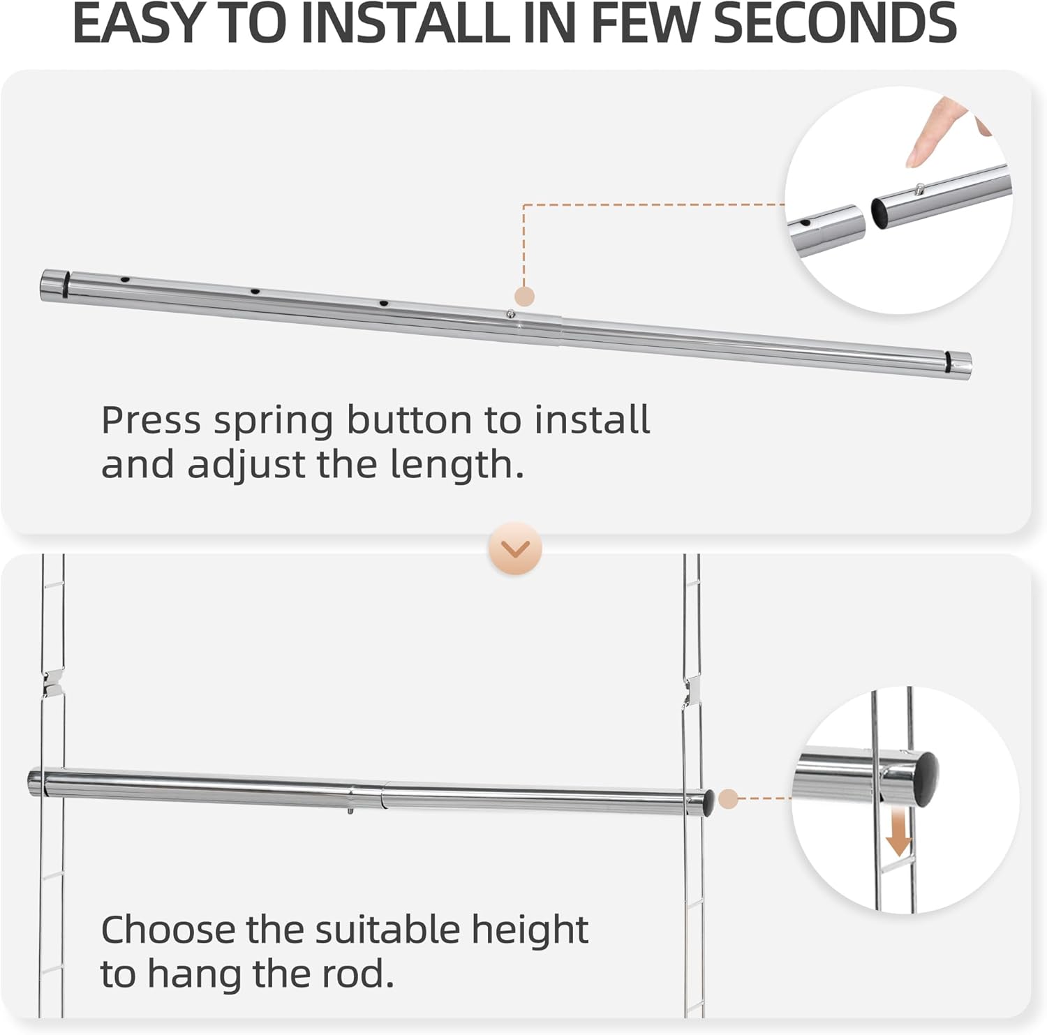 STORAGE MANIAC Hanging Closet Rod, Adjustable Width and Height Closet Hanging Organizer, Space-Saving Clothes Hanging Bar, Closet Extender Hanging Rod Double Closet Hanging Rod, 2 Pack Chrome